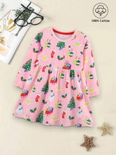 1pc Girls' Casual Christmas Print Round Neck A-Line Dress, Autumn